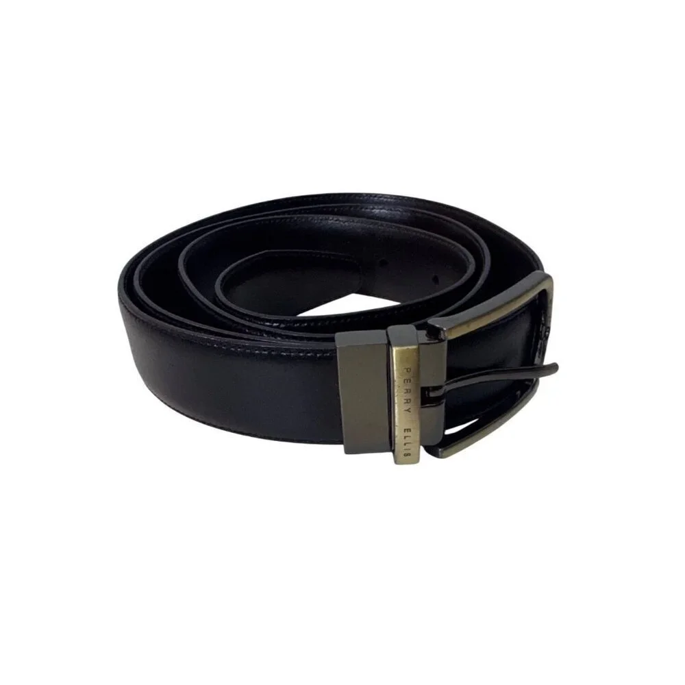 Perry Ellis Mens Black Leather Belt With Gold Buckle Waist Size 46/100 Classic D